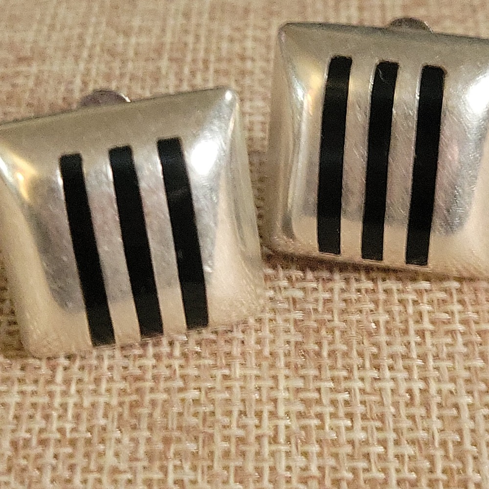 Vintage Mexico 925 Silver Black Onyx Striped Clip On Earrings 0.75" Retro